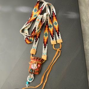 Native American Handmade Beaded Necklace w/Mini Cedar Basket trimmed w/Buckskin